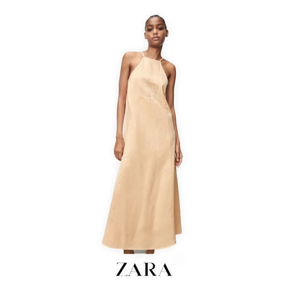 ZARA | Beige-pink | EMBROIDERED LINEN BLEND DRESS - Picture 9 of 10